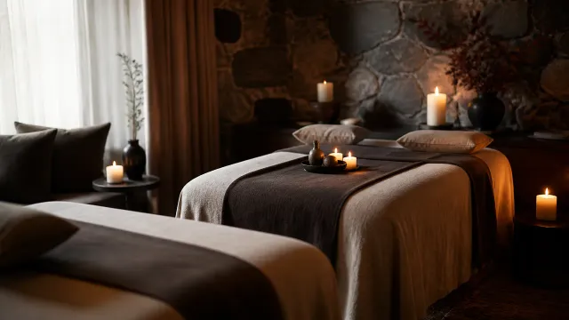 Spa treatment room with stone walls and soft candlelight