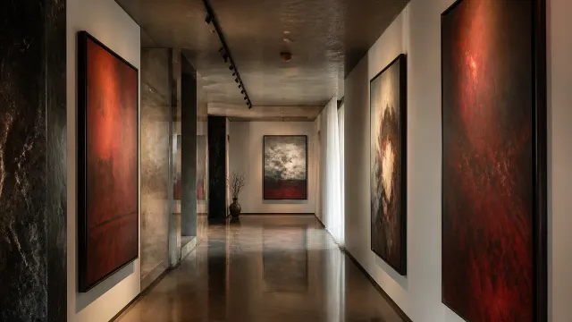 Hotel gallery corridor with contemporary artwork