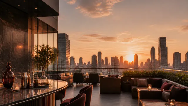 Rooftop bar with city skyline at golden hour