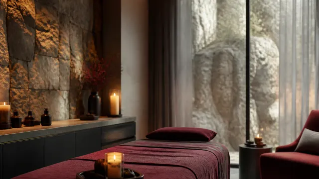 Stone spa treatment room with candles