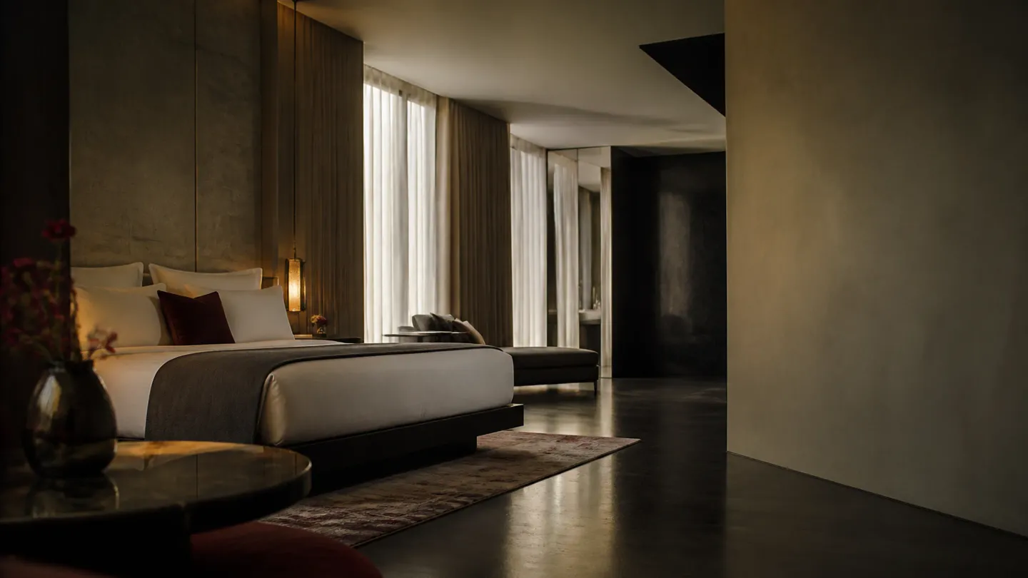 Sunlit boutique hotel suite with linen bedding and marble details